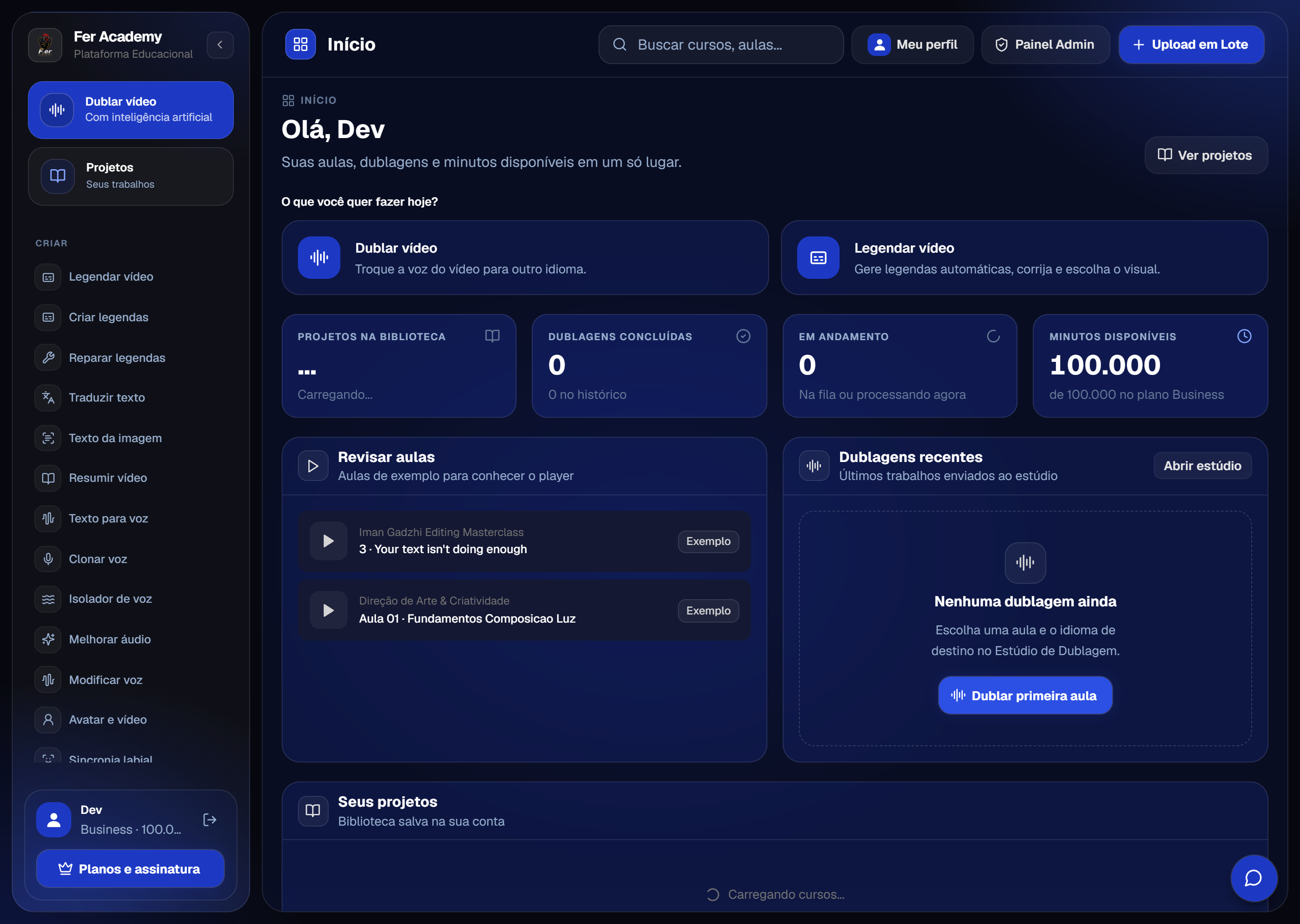 Painel do AccessX: dublagem, texto para voz e legendas